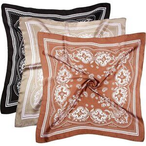 Women's Brown, Khaki, Black 3 Pcs 27.5 Inches Satin Head Scarf Silk Bandana
